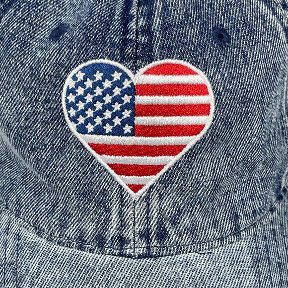 Denim Hat American Flag Heart Patch Cap Trucker Adjustable Strap Mighty Fine - Picture 2 of 8